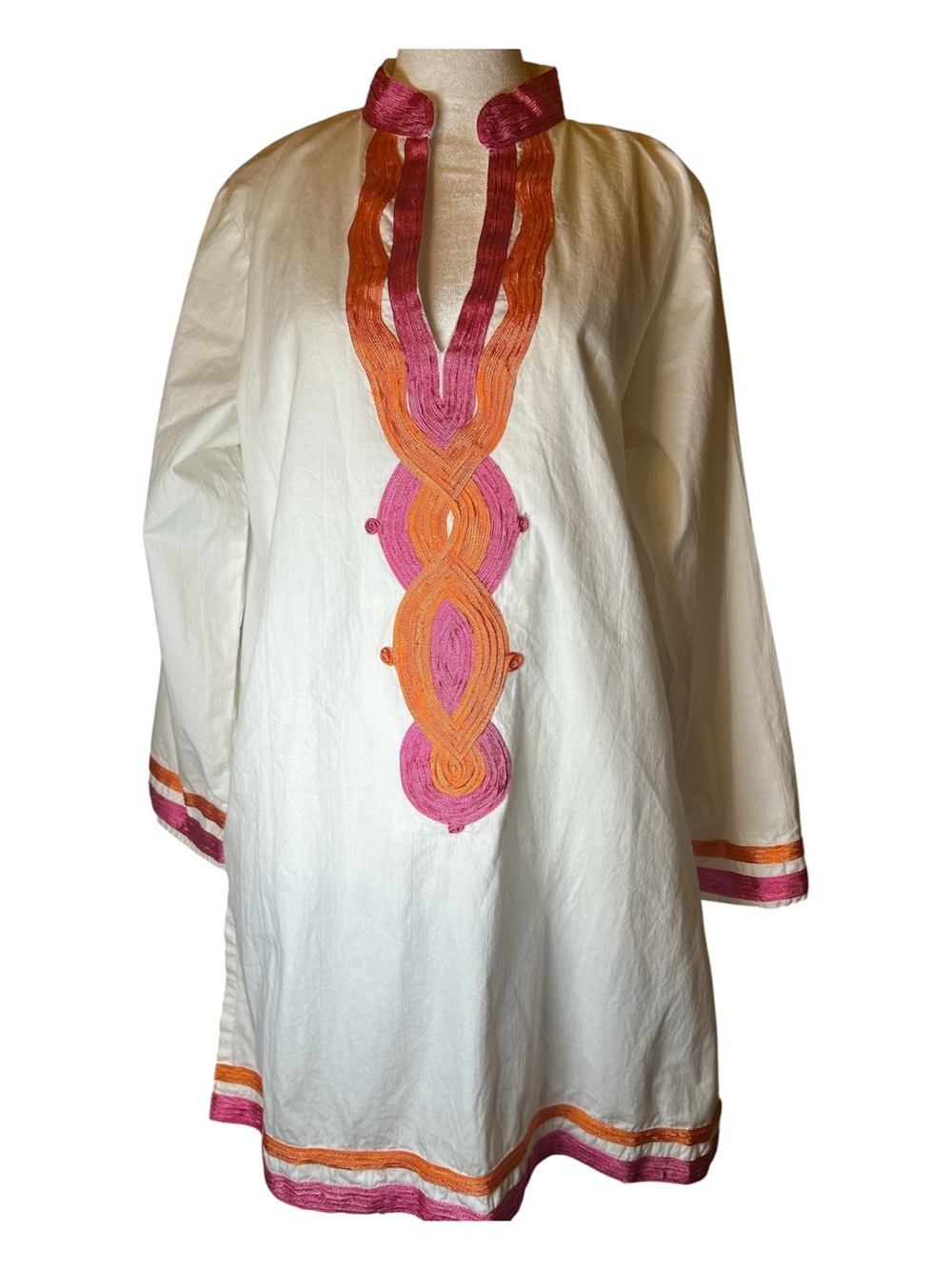 White Cotton Tunic with Pink & Orange Embroidered Trim
